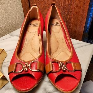 Sofft Red Leather Peep-toe Wedge Heels Size 8.5 M